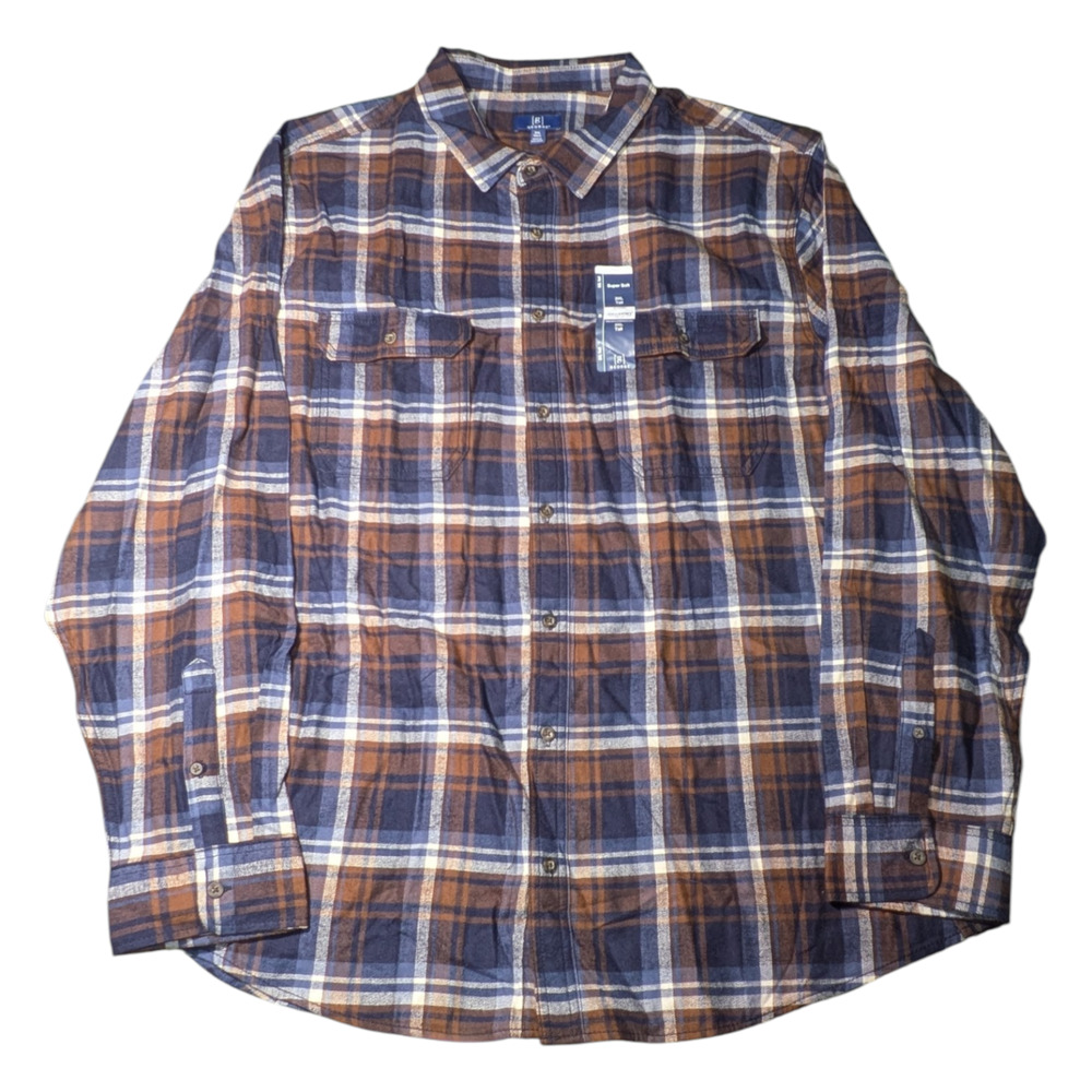 George Men's Flannel Shirt Classic Brown Blue And Tan Plaid NWT Size 3 XL Tall